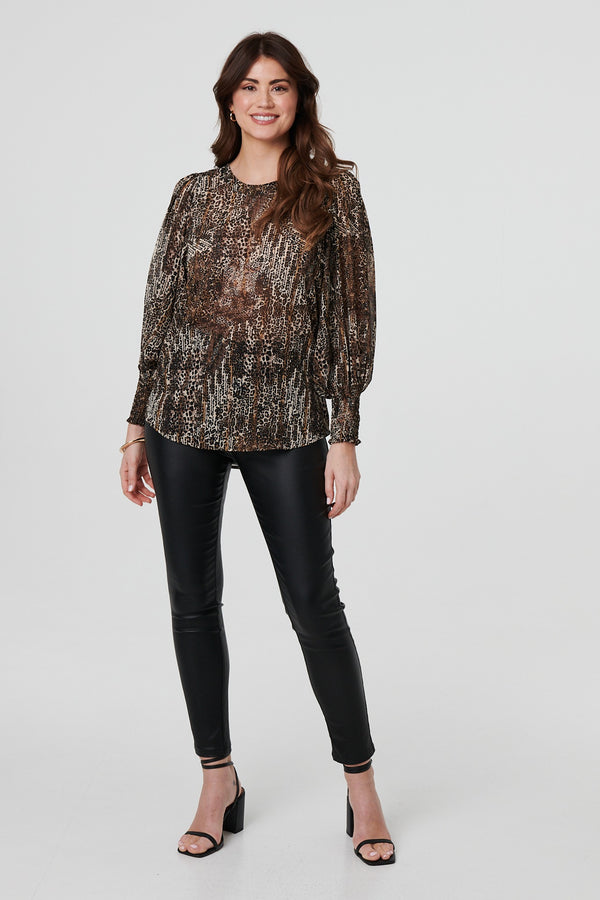 Beige | Animal Print Sheer Mesh Blouse
