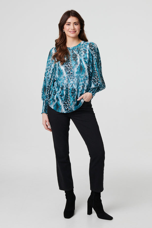 Blue | Animal Print Semi Sheer Blouse Top
