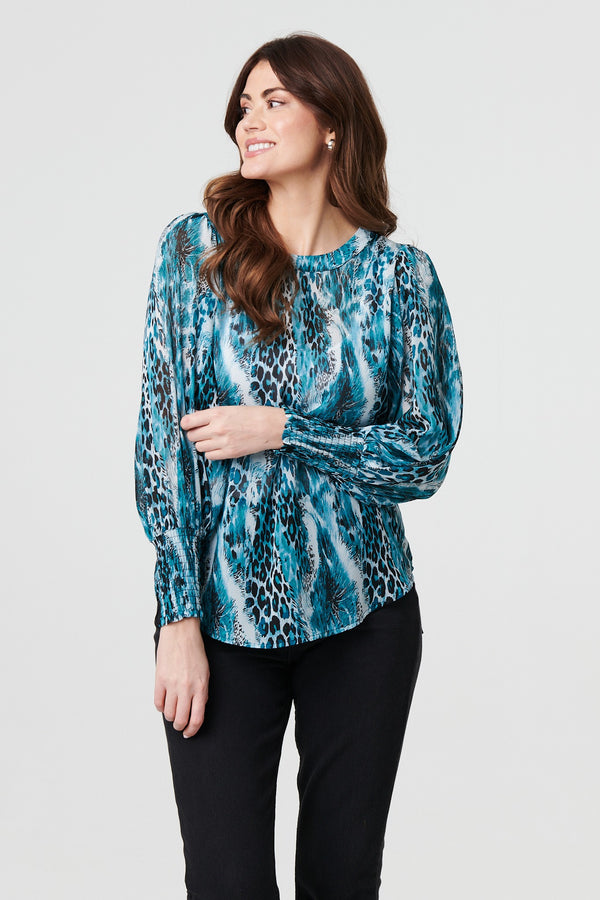 Blue | Animal Print Semi Sheer Blouse Top
