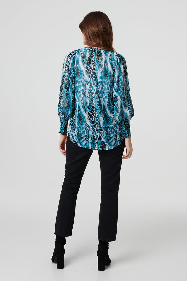 Blue | Animal Print Semi Sheer Blouse Top
