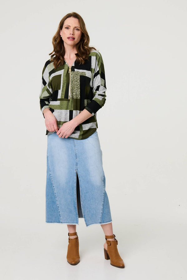 Green | Geo Print Zip V-Neck Curve Hem Top
