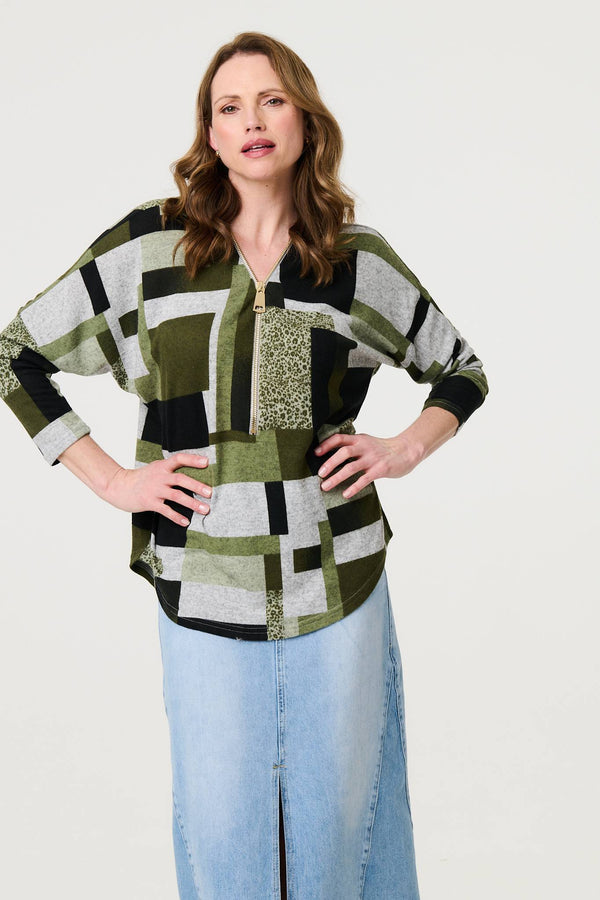 Green | Geo Print Zip V-Neck Curve Hem Top
