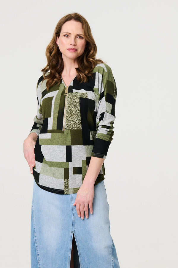 Green | Geo Print Zip V-Neck Curve Hem Top
