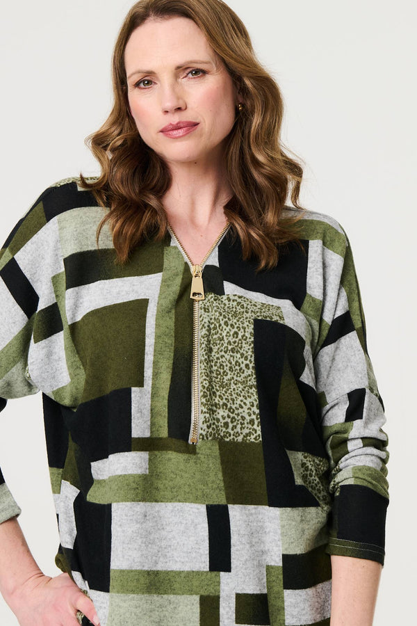 Green | Geo Print Zip V-Neck Curve Hem Top
