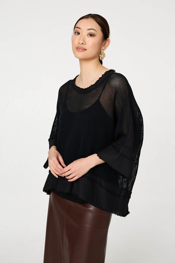 Black | Semi Sheer Mesh Relaxed Layered Top : Model is 5'9"/175 cm and wears UK8/EU36/US4/AUS8
