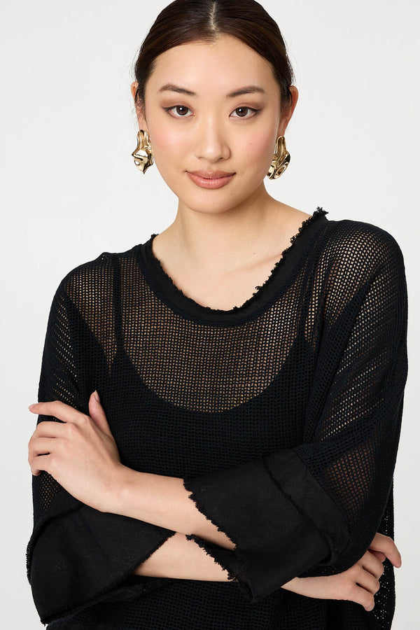 Black | Semi Sheer Mesh Relaxed Layered Top