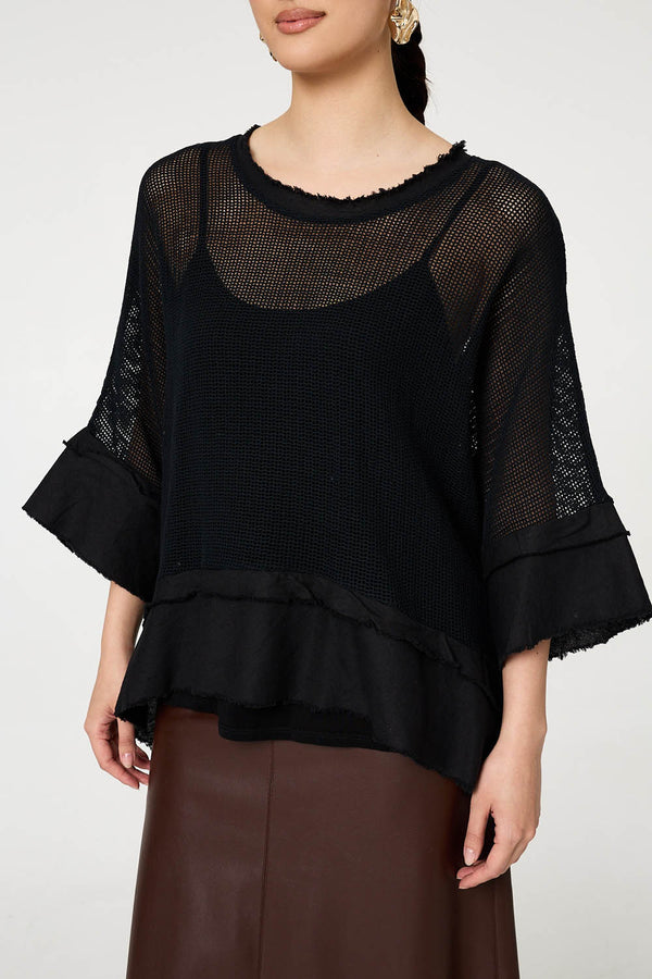 Black | Semi Sheer Mesh Relaxed Layered Top
