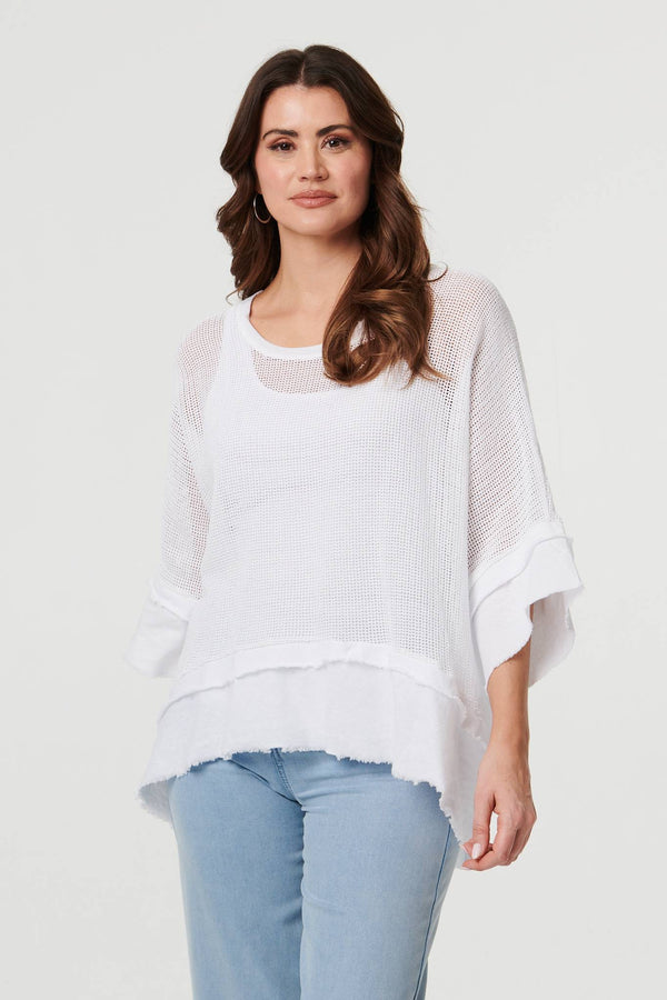 White | Semi Sheer Mesh Relaxed Layered Top : Model is 5'9"/175 cm and wears UK10/EU38/US6/AUS10