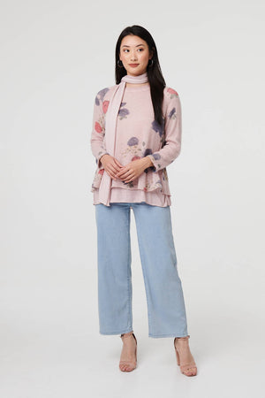 Pink | Floral Layered Tunic Top with Scarf
