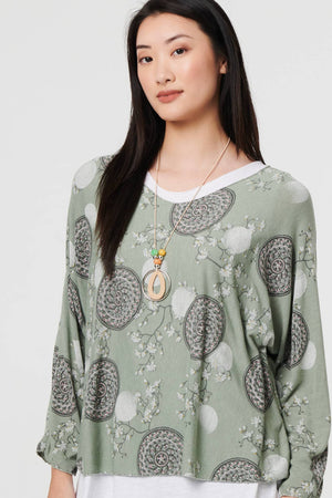 Khaki | Printed Long Sleeve Top with Necklace
