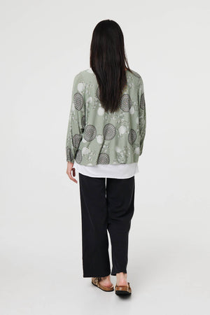 Khaki | Printed Long Sleeve Top with Necklace