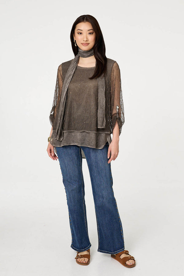 Brown | Sparkly Mesh Scarf Detail Layered Top