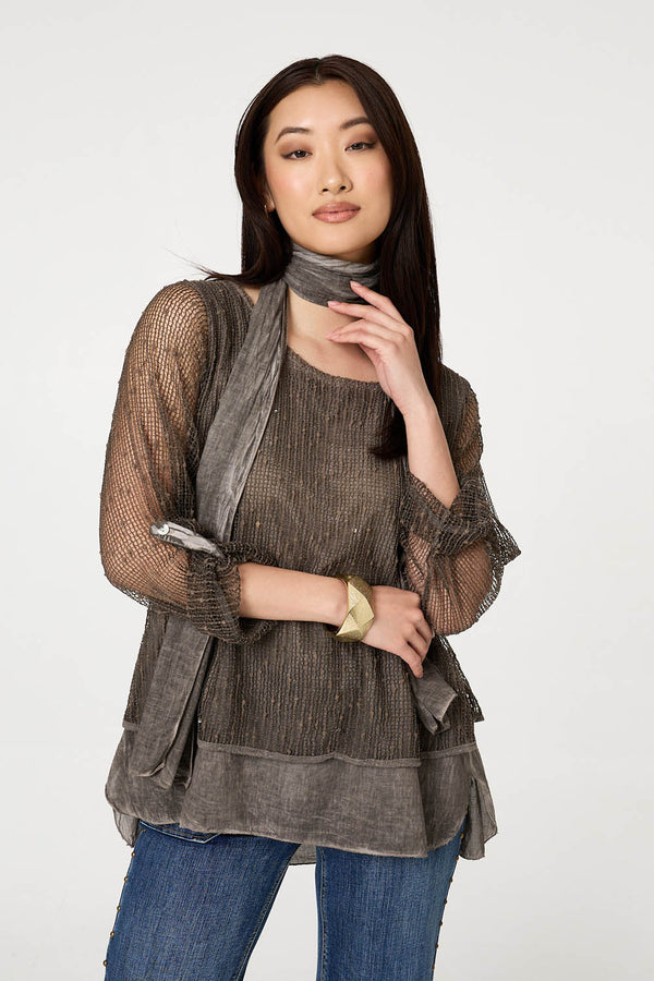 Brown | Sparkly Mesh Scarf Detail Layered Top : Model is 5'9"/175 cm and wears UK8/EU36/US4/AUS8