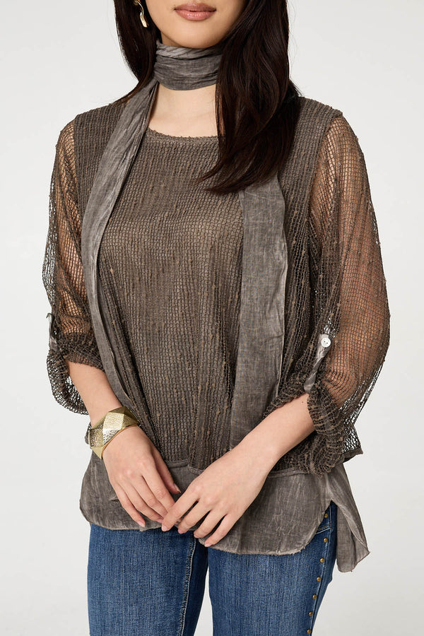 Brown | Sparkly Mesh Scarf Detail Layered Top