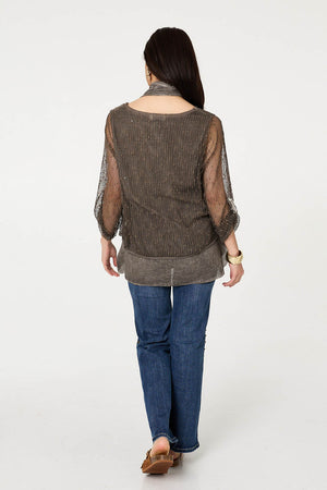 Brown | Sparkly Mesh Scarf Detail Layered Top