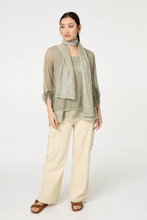 Khaki | Sparkly Mesh Scarf Detail Layered Top