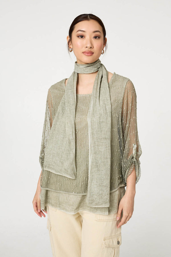 Khaki | Sparkly Mesh Scarf Detail Layered Top : Model is 5'9"/175 cm and wears UK8/EU36/US4/AUS8