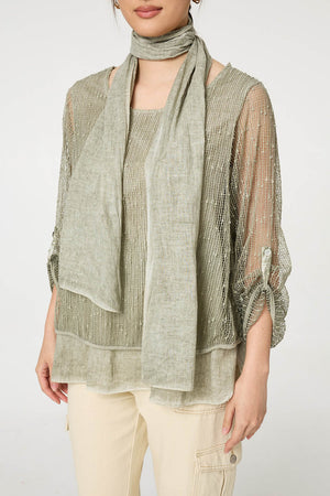Khaki | Sparkly Mesh Scarf Detail Layered Top