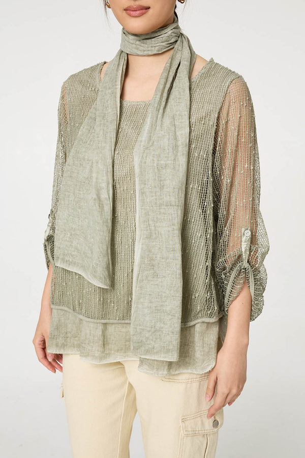Khaki | Sparkly Mesh Scarf Detail Layered Top