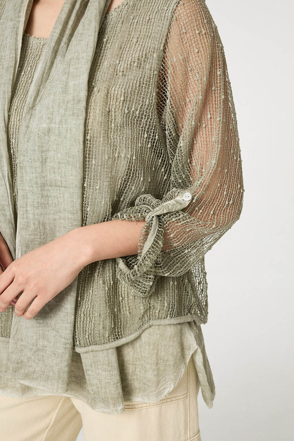 Khaki | Sparkly Mesh Scarf Detail Layered Top