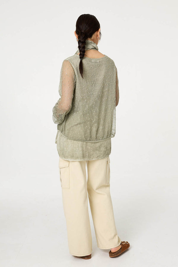 Khaki | Sparkly Mesh Scarf Detail Layered Top