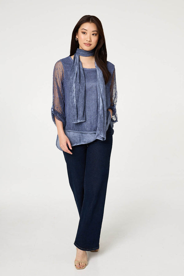 Navy | Sparkly Mesh Scarf Detail Layered Top