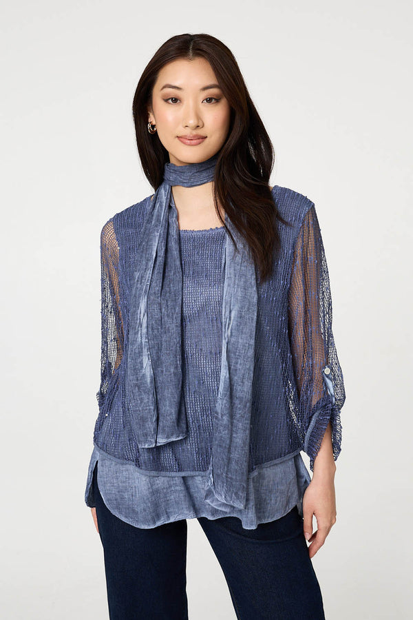 Navy | Sparkly Mesh Scarf Detail Layered Top : Model is 5'9"/175 cm and wears UK8/EU36/US4/AUS8