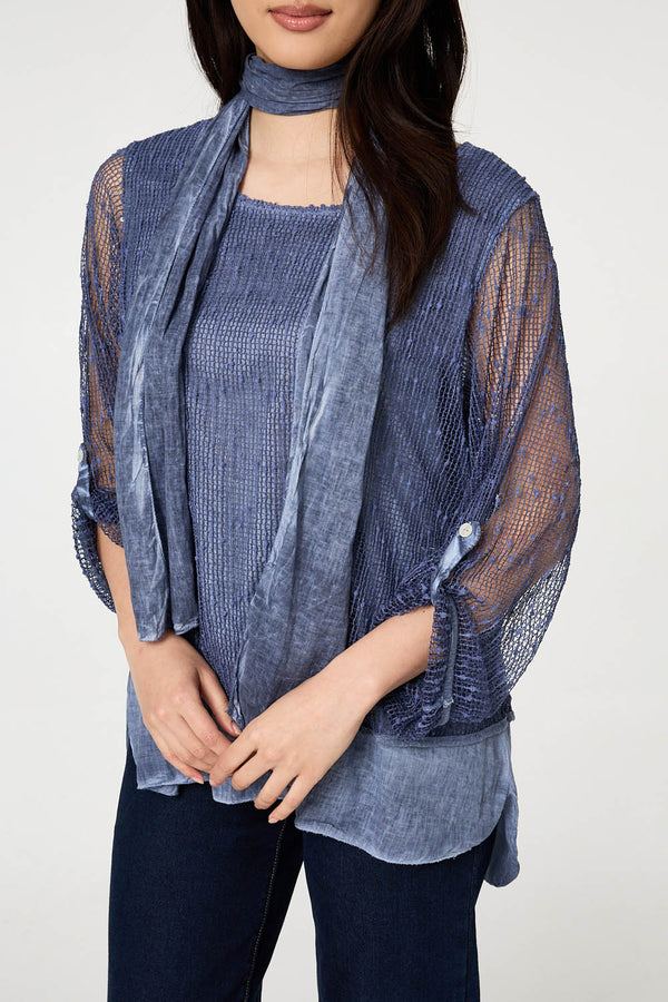 Navy | Sparkly Mesh Scarf Detail Layered Top