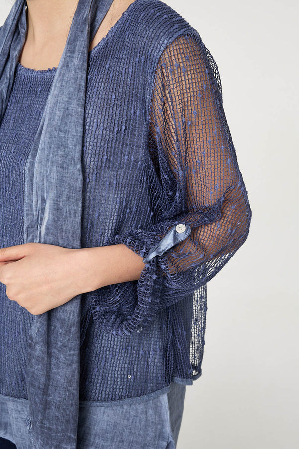 Navy | Sparkly Mesh Scarf Detail Layered Top