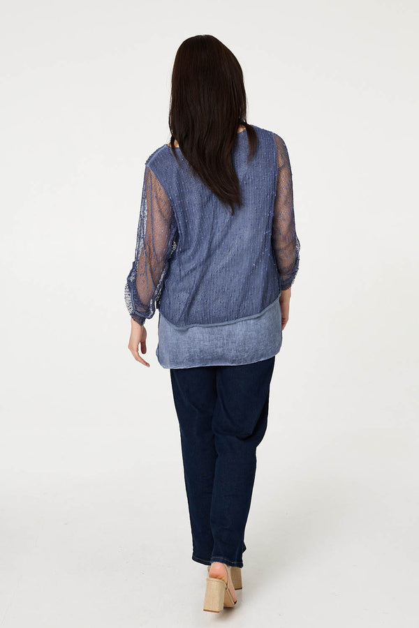 Navy | Sparkly Mesh Scarf Detail Layered Top