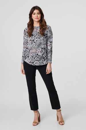 Beige | Animal Print Curve Hem Relaxed Top