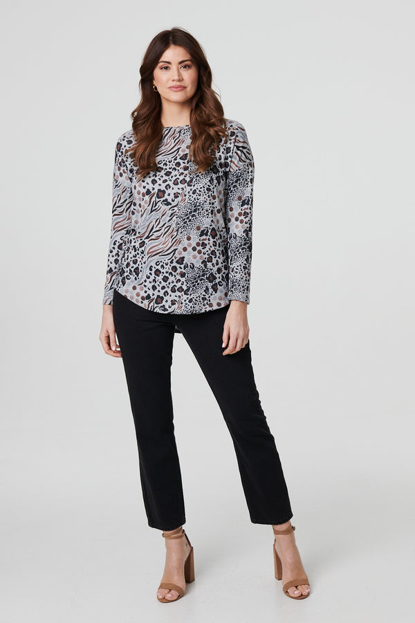 Beige | Animal Print Curve Hem Relaxed Top