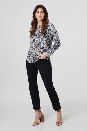 Beige | Animal Print Curve Hem Relaxed Top