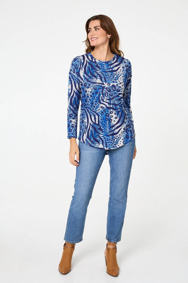 Blue | Animal Print Long Sleeve Curve Hem Top
