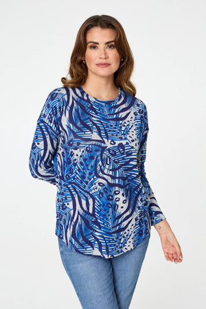 Blue | Animal Print Long Sleeve Curve Hem Top : Model is 5'9