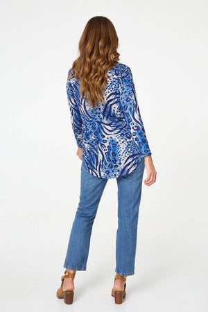 Blue | Animal Print Long Sleeve Curve Hem Top
