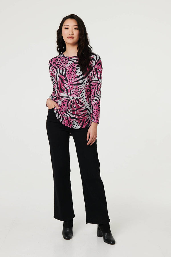 Pink | Animal Print Long Sleeve Curve Hem Top
