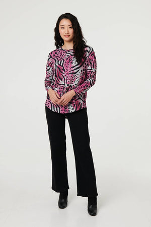 Pink | Animal Print Long Sleeve Curve Hem Top
