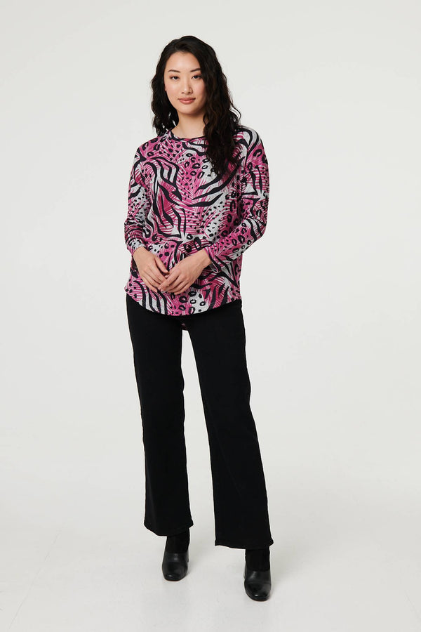 Pink | Animal Print Long Sleeve Curve Hem Top
