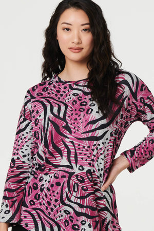 Pink | Animal Print Long Sleeve Curve Hem Top

