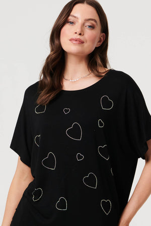 Black | Sparkly Heart Detail Relaxed T-Shirt