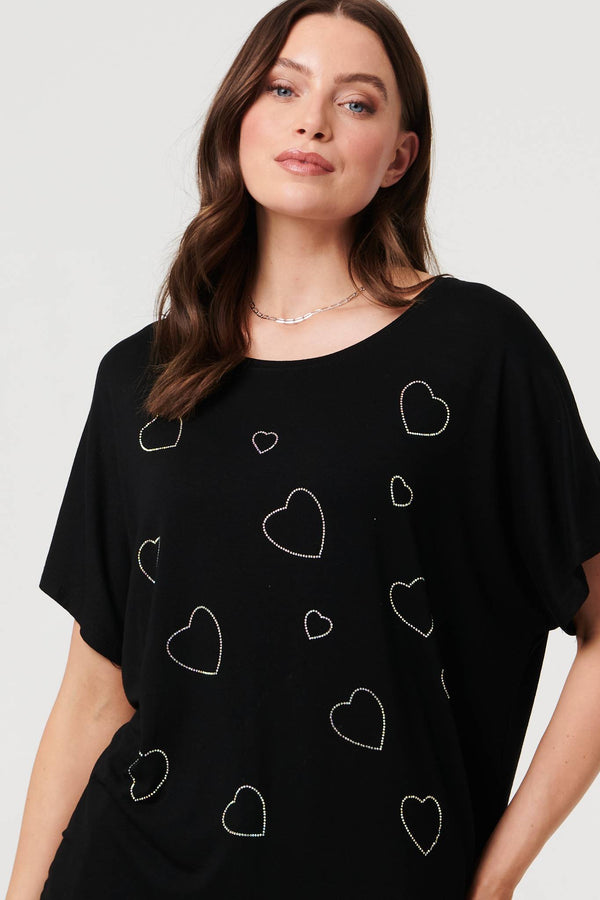Black | Sparkly Heart Detail Relaxed T-Shirt
