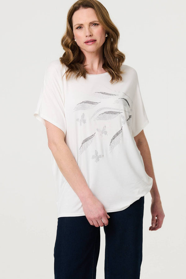 White | Sparkly Embellished Relaxed T-Shirt : Model is 5'9"/175 cm and wears UK10/EU38/US6/AUS10