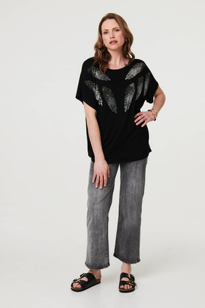 Black | Sparkly Feather Print Relaxed T-Shirt
