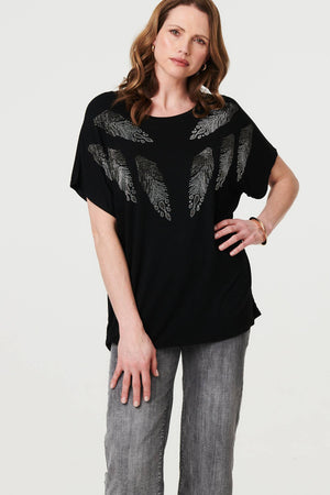 Black | Sparkly Feather Print Relaxed T-Shirt : Model is 5'9