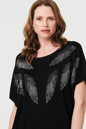 Black | Sparkly Feather Print Relaxed T-Shirt
