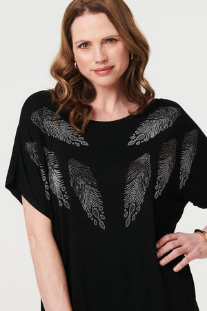 Black | Sparkly Feather Print Relaxed T-Shirt
