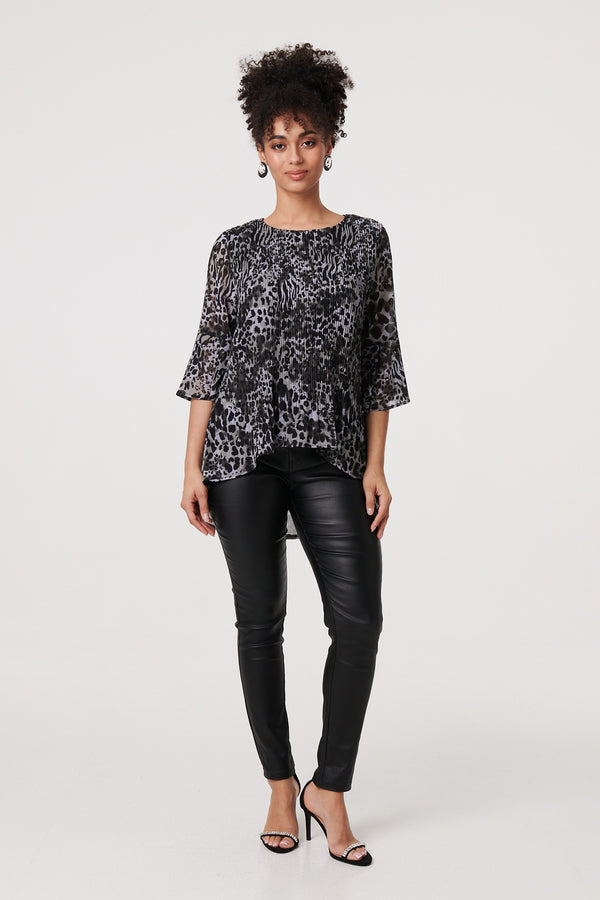 Black | Animal Print Sheer Pleated Blouse
