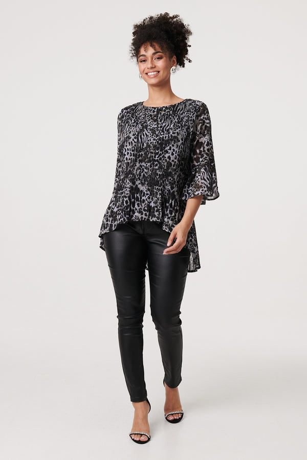 Black | Animal Print Sheer Pleated Blouse
