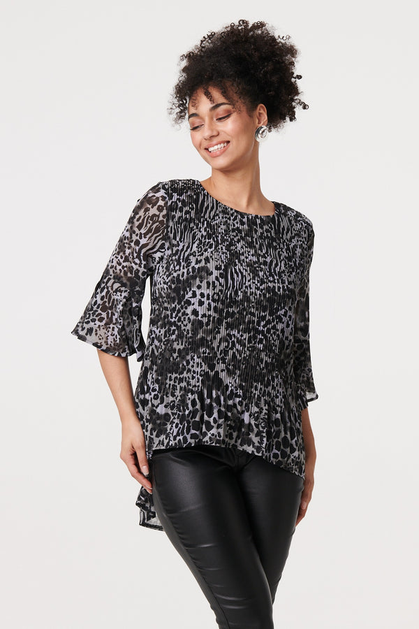 Black | Animal Print Sheer Pleated Blouse
